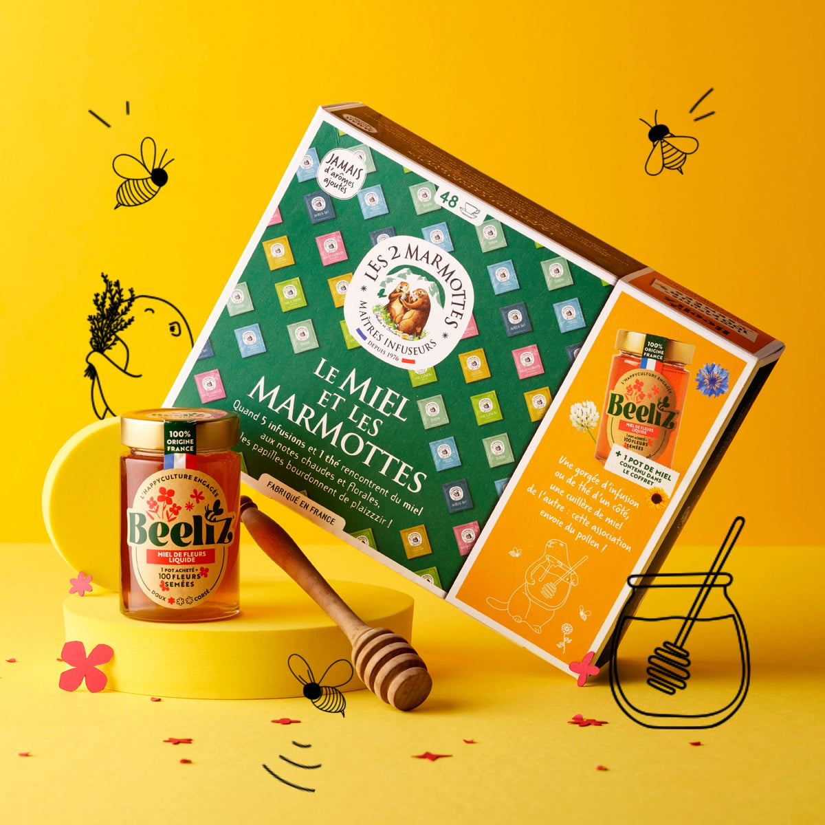 Coffret cadeau : miel et tisanes de thym pour les maux de gorge. Tisanes naturelles Les 2 Marmottes, miel de fleurs origine France. 48 sachets d'infusion + 1 pot de miel de taille moyenne