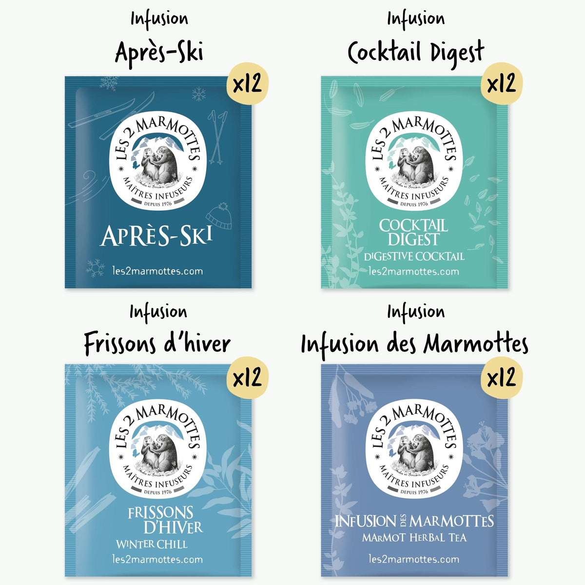 Détail assortiment coffret tisanes Marmottes au sommet
