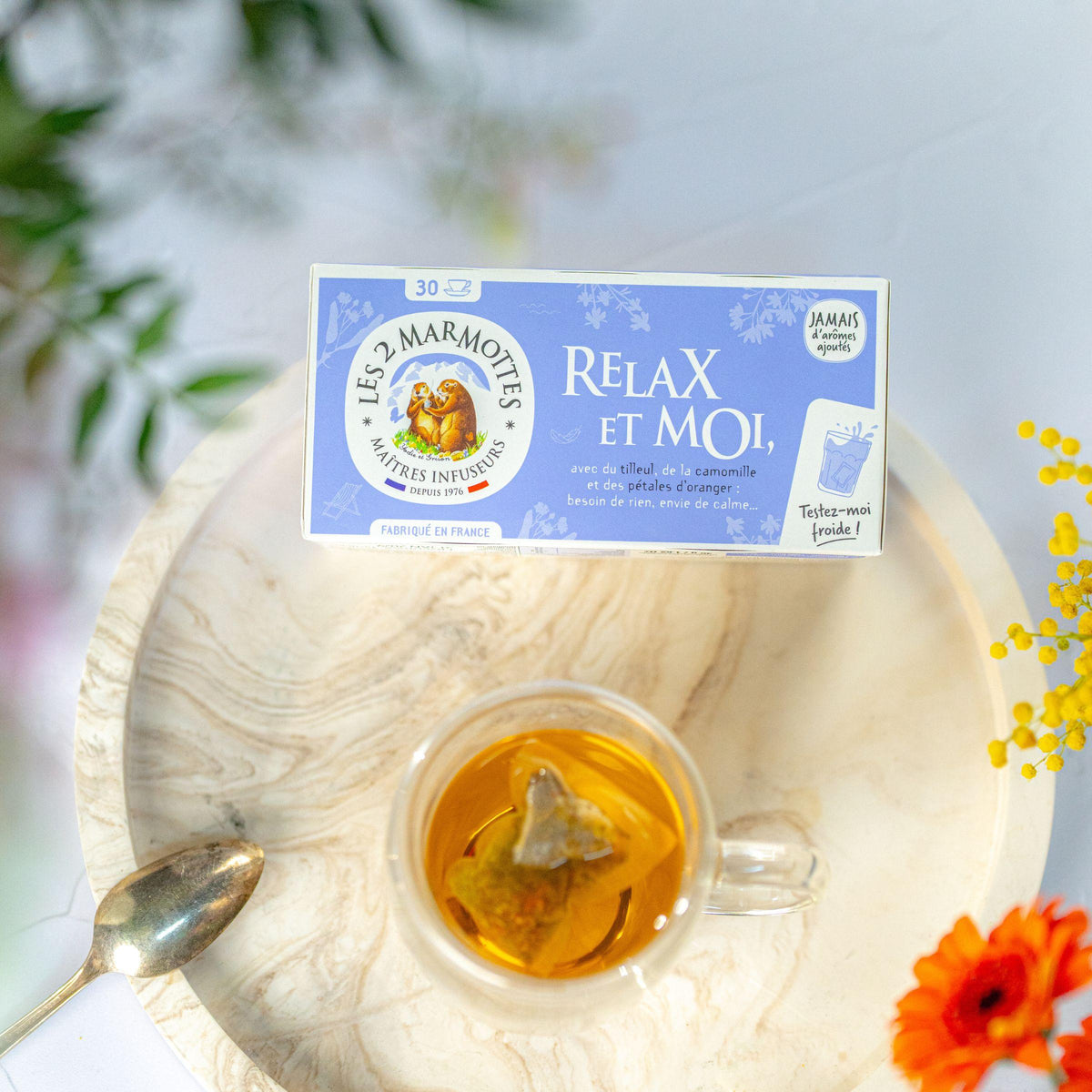 Tisane détente légère, infusion pétales d'oranger camomille pour moment relax, tisane relax et moi les 2 marmottes