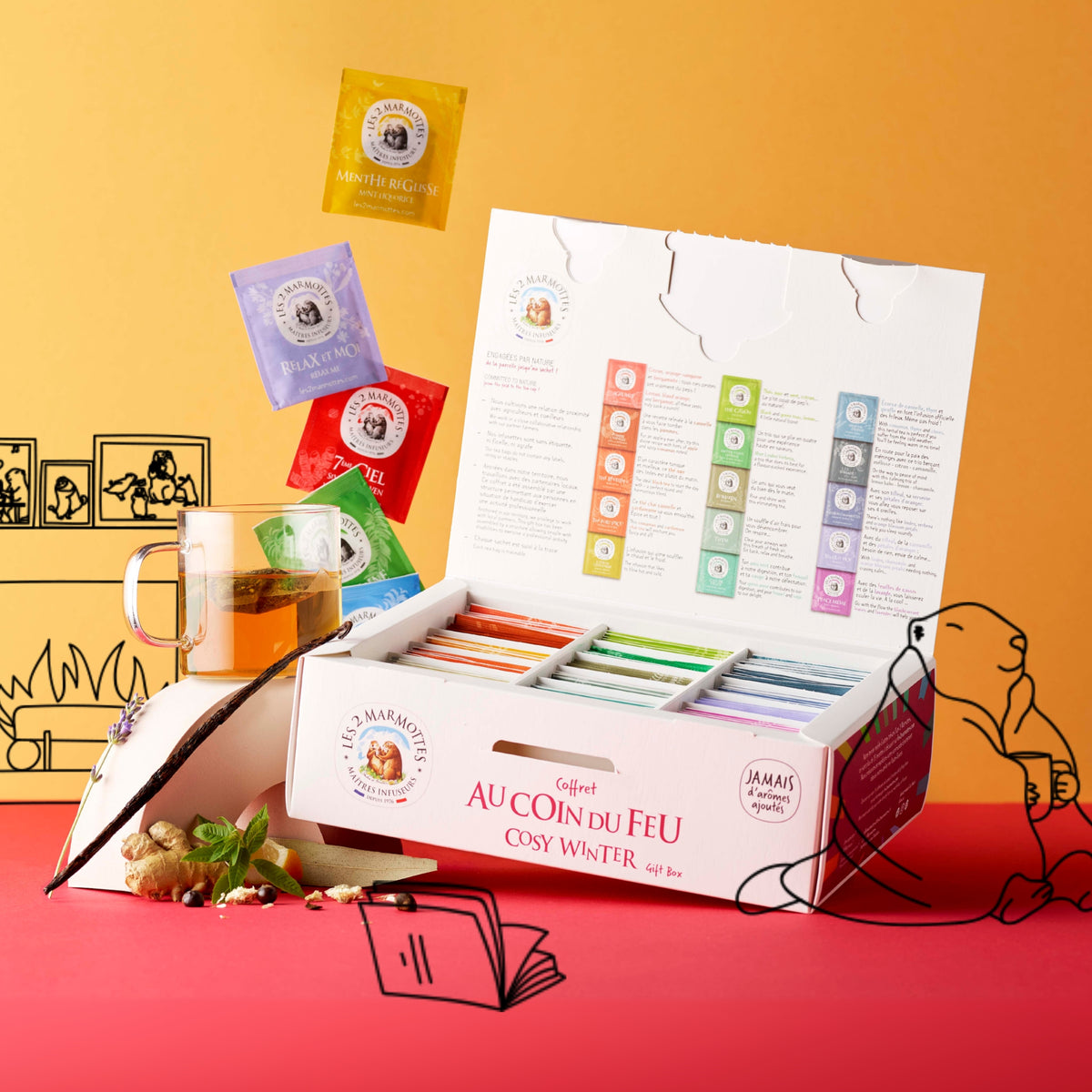 Assortiment 15 parfums dans grand coffret cadeau tisanes et thés naturels sans arômes ajoutés