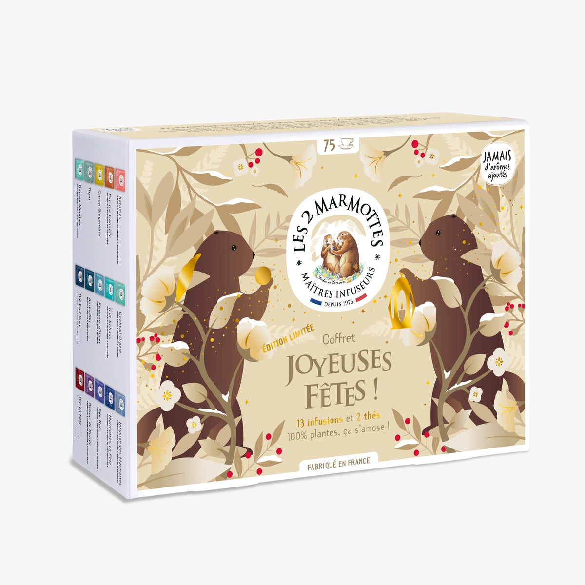 Coffret cadeau spécial Noël : tisanes et thés Made in france, coffret joyeuses fêtes 75 sachets, tisanes et thés naturels sans arômes ajoutés Les 2 Marmottes