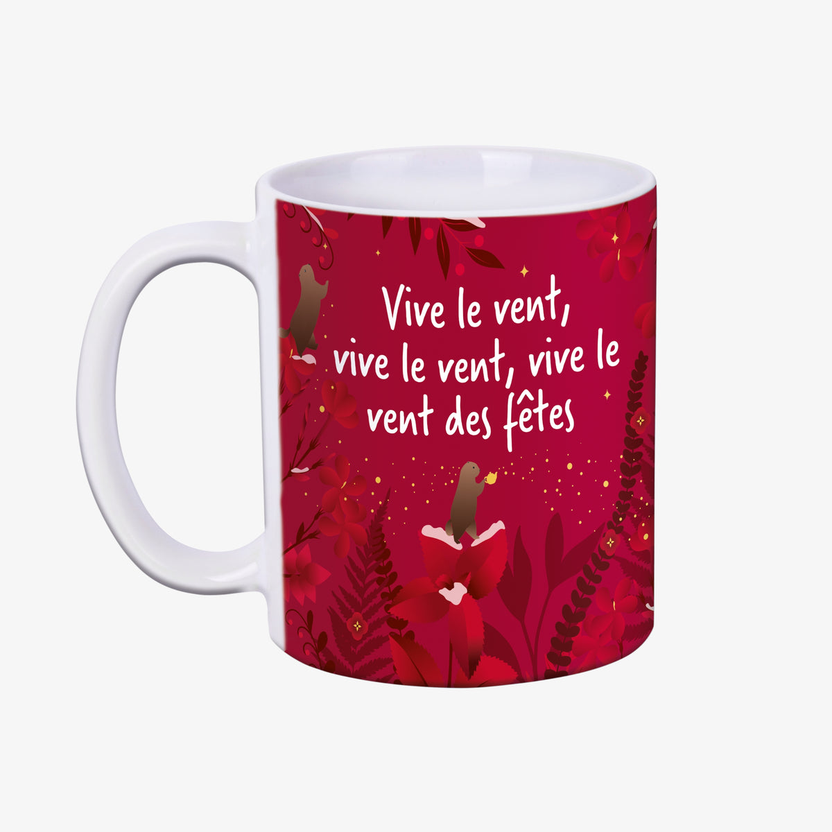 Mug de Noël rouge Les 2 Marmottes à citation Vive le Vent, décor rouge blanc et or