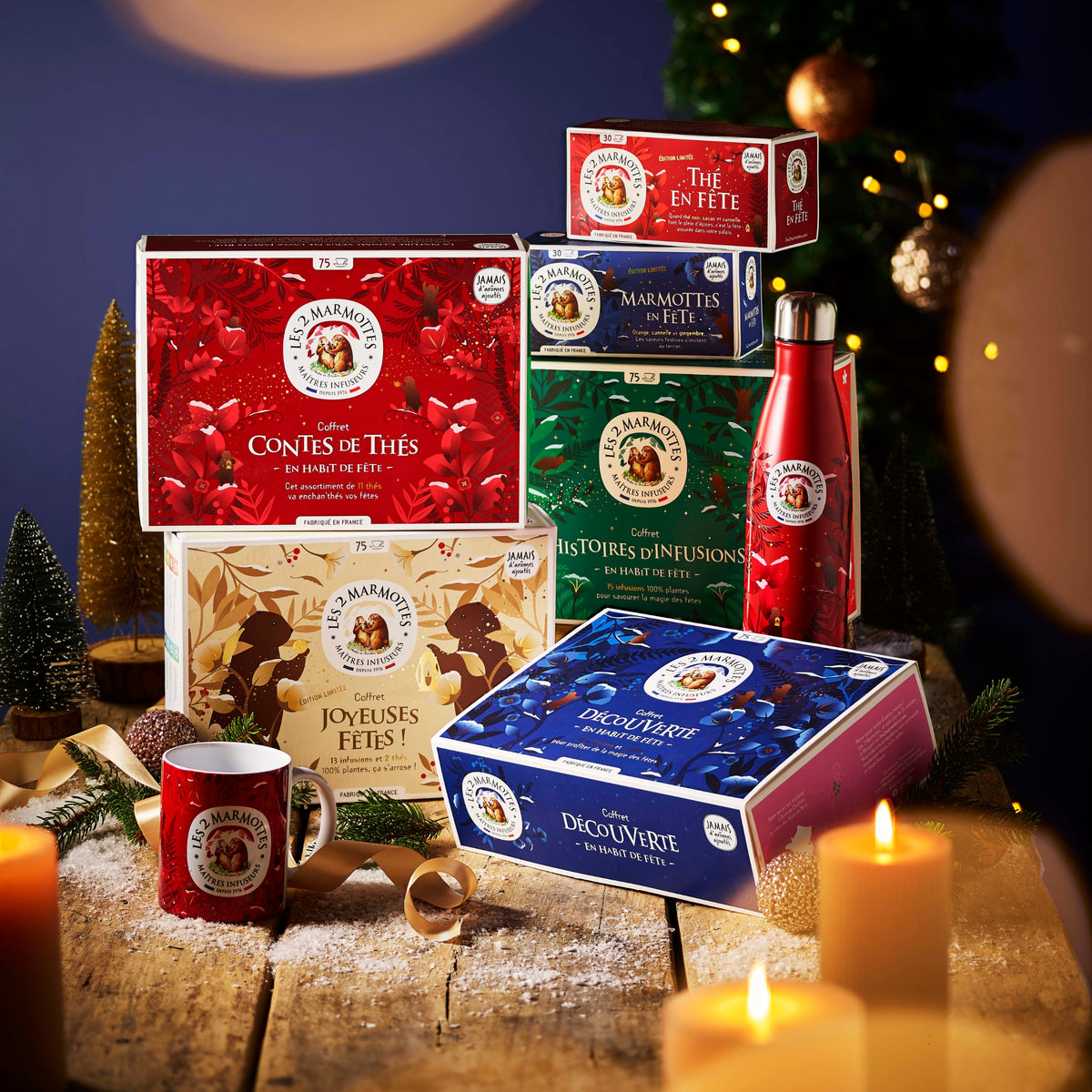 Coffrets cadeaux Noël Les 2 Marmottes : coffrets tisanes et thés 100% plantes et sans arômes ajoutés, édition limitée pour les fêtes