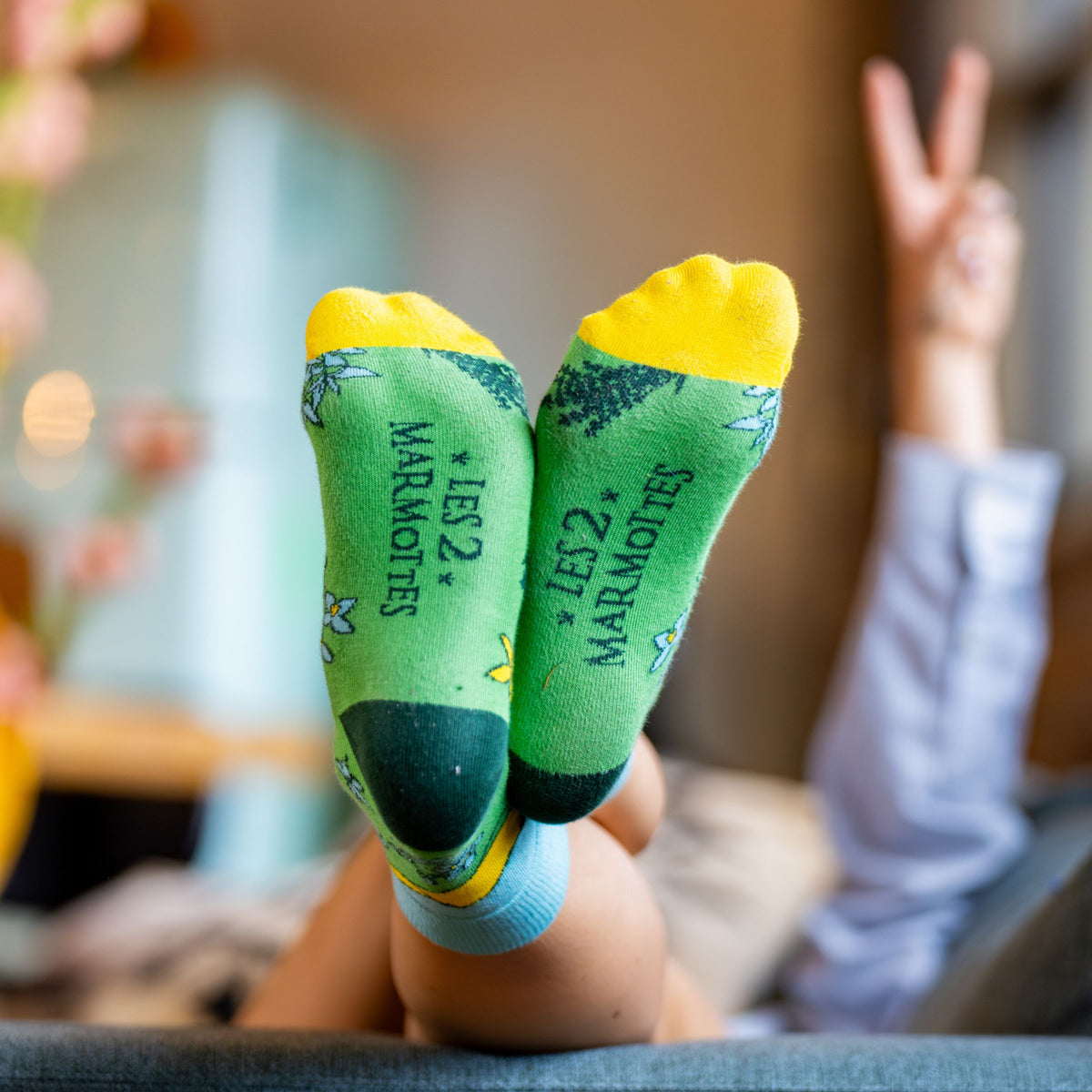 Chaussettes les 2 marmottes en édition limitée, décor de marmottes à la montagne l'été vert jaune et bleu, logo les 2 marmottes